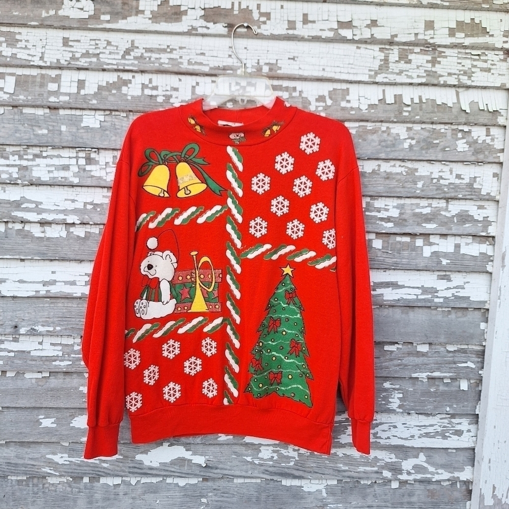🌟 Vintage Red Christmas Sweatshirt Size medium Acrylic B.J. Frog